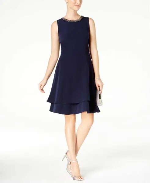 Taylor НОВОЕ элегантное ТЕМНО-СИНОЕ многослойное расклешенное платье с декорированным вырезом, размер 6