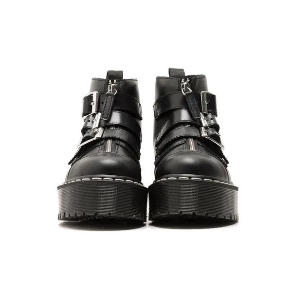 Женские винтажные ботинки на платформе, однотонные Черные ботильоны из натуральной кожи с ремешком с пряжкой и круглым носком, на среднем каблуке, на молнии, 100%