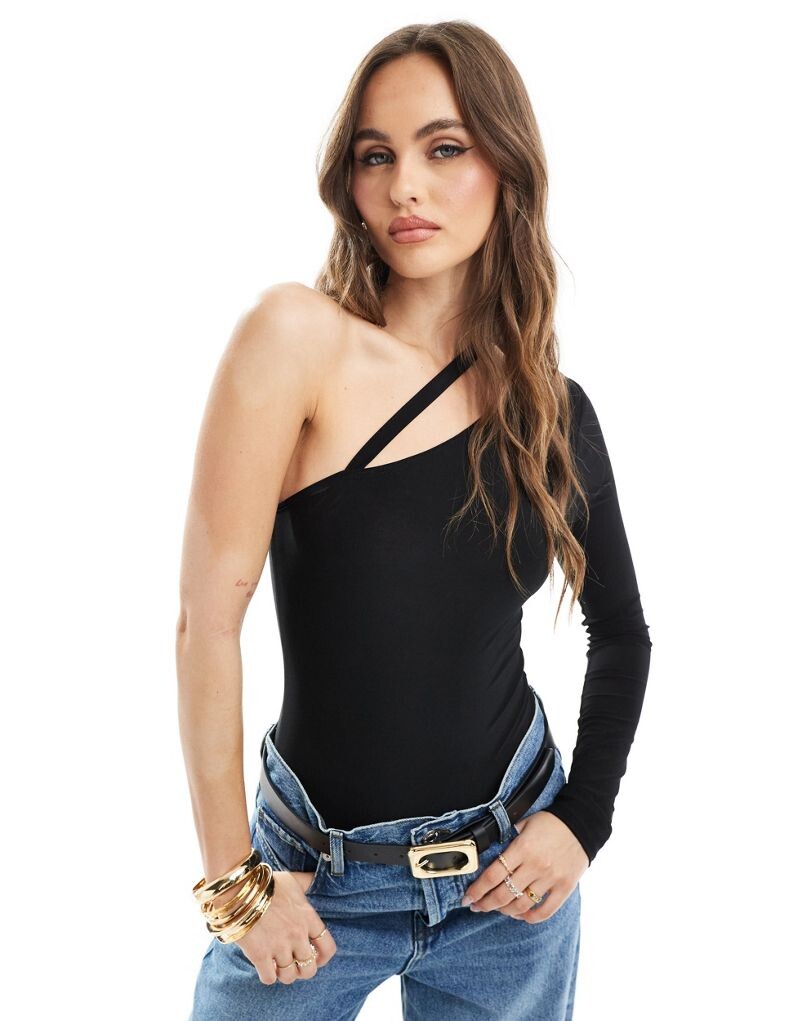 Черное облегающее боди на одно плечо с ремешками ASOS DESIGN
