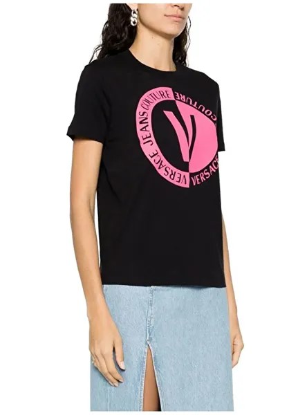 Черная женская футболка с круглым вырезом с принтом 75HAHG06 Versace Jeans Couture, черный