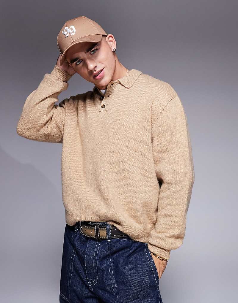 ASOS DESIGN — трикотажная рубашка-поло свободного кроя каменно-бежевого цвета
