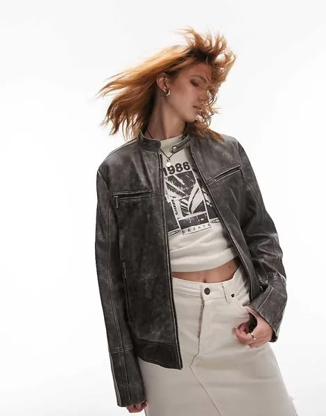 Topshop - Куртка-гонщик из натуральной кожи черного цвета в полоску
