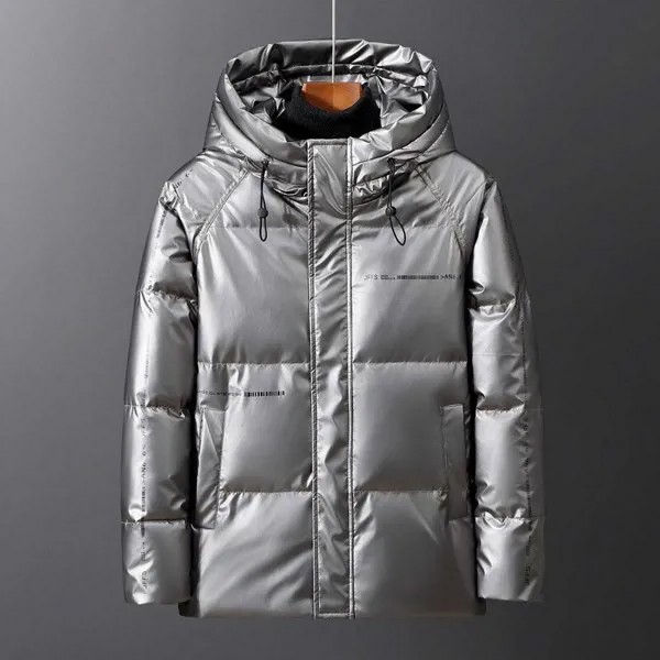 Серебристый блестящий пуховик Мужская зимняя кожаная куртка 2021 новый стиль красивая толстая короткая зимняя куртка