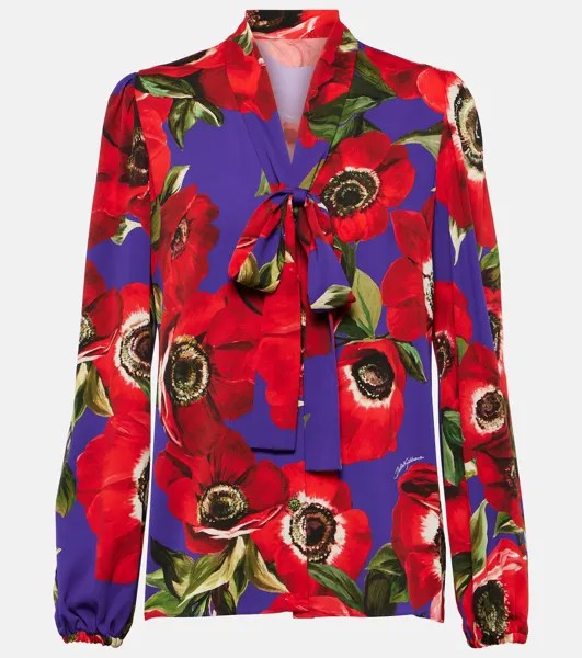 Блузка из смесового шелка с цветочным принтом и завязками на воротнике Dolce&Gabbana, мультиколор