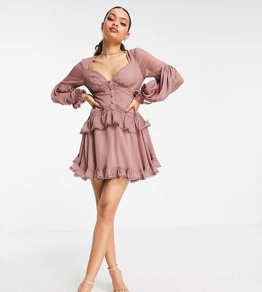 Платье мини с кружевной вставкой и пуговицами ASOS DESIGN Petite-Розовый цвет