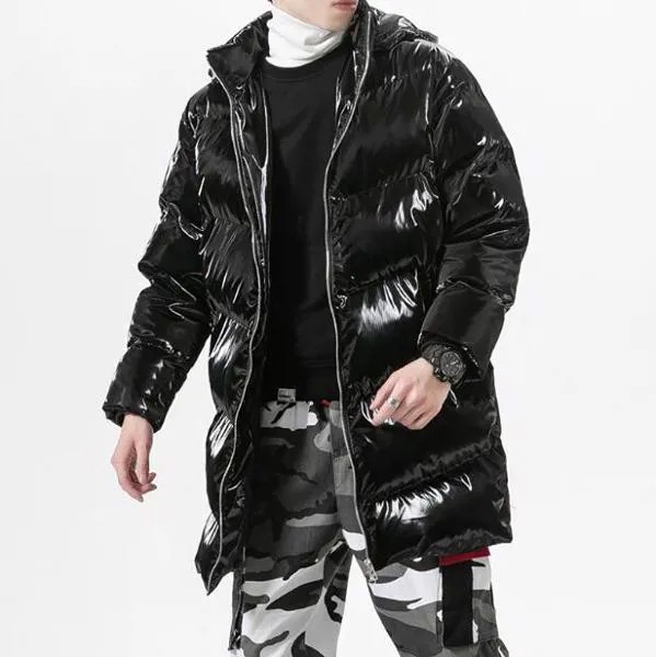 Мужская хлопковая куртка средней длины, черно-серебристая блестящая Свободная куртка большого размера XL, Корейская зимняя хлопковая одежд...