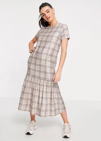 Свободное ярусное платье миди бежевого цвета в клетку Urban Threads-Светло-бежевый
