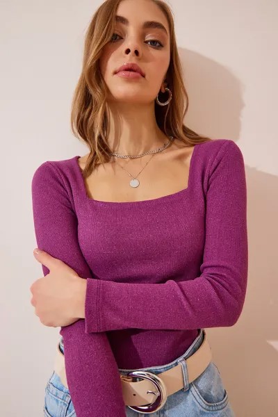 Женская светло-сливовая трикотажная блузка с квадратным вырезом Happiness İstanbul, фиолетовый