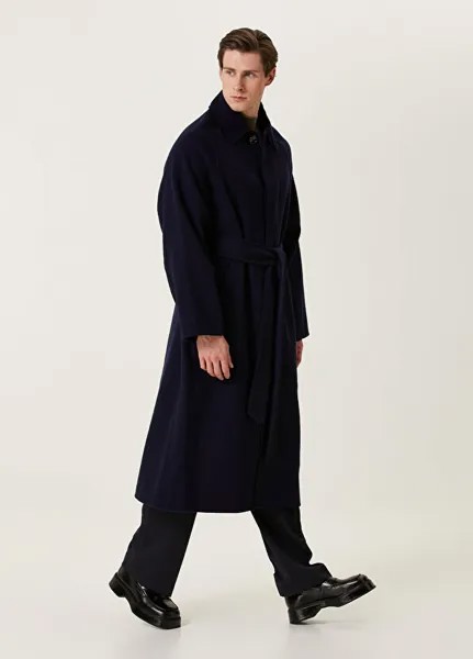 Темно-синее шерстяное пальто с поясом Ami