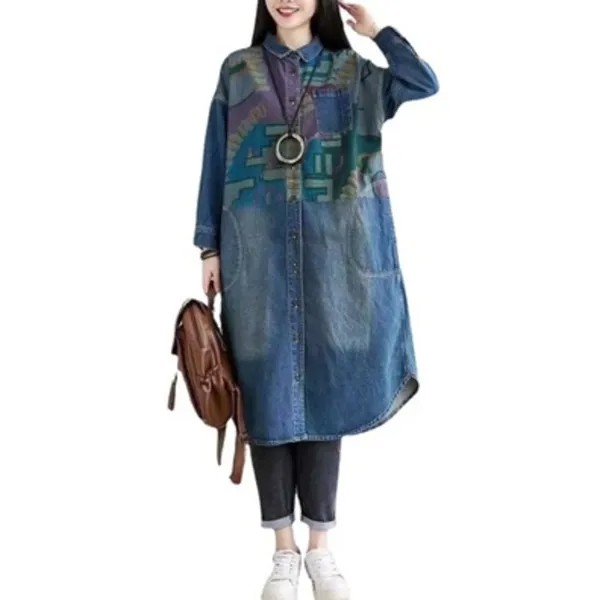 Осенний японский стиль Харадзюку, винтажный Женский Тренч, Повседневная Женская Джинсовая длинная одежда с карманами, Ветровка с принтом