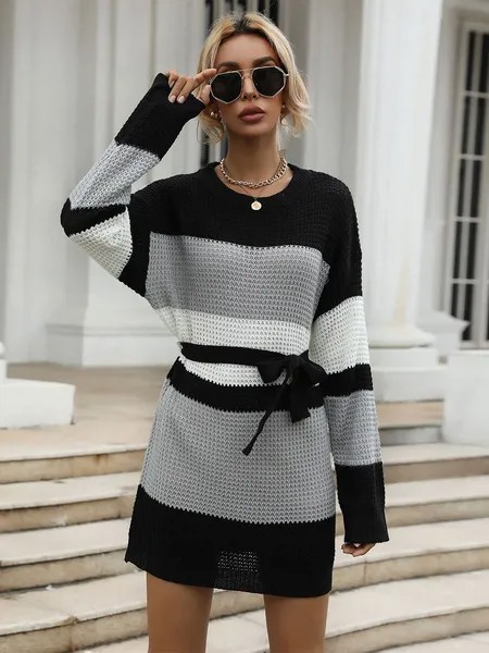 Milanoo Women Knitted Dress Elegant Two Tone Lace Up Jewel Neck Long Sleeves Polyester Stretch Black