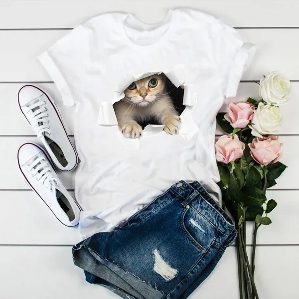 Короткий рукав Tee Cat 3D Забавный тренд Симпатичные 90-е Женская мода Топ Летняя футболка Принт Женщина Женская Базовая T Одежда Графические футболки