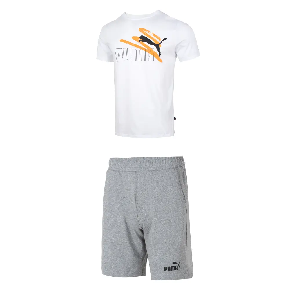Повседневный спортивный мужской комплект: белый топ + серые шорты Puma, белый