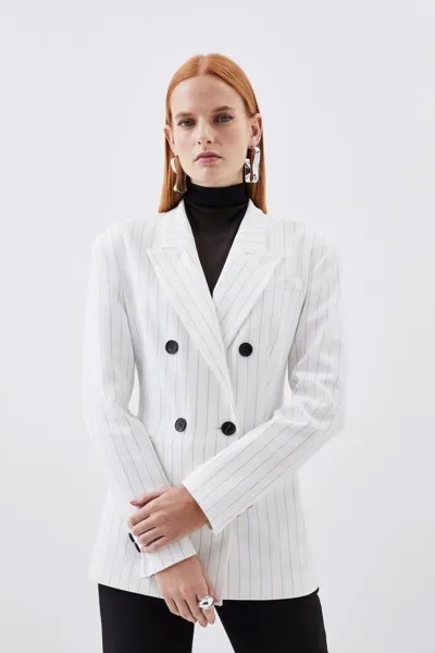 Приталенный двубортный пиджак в тонкую полоску в компактную эластичную полоску Karen Millen, белый