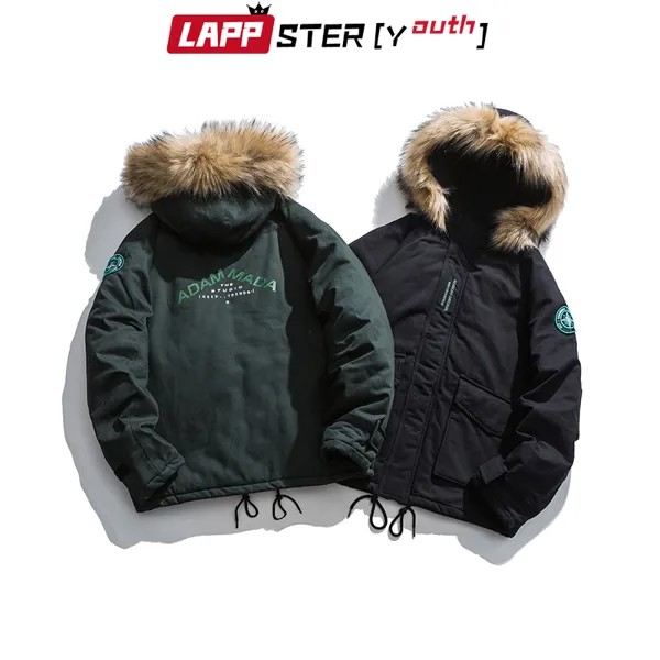 LAPPSTER-Молодежные мужские меховые куртки с капюшоном зимние пальто с принтом 2022 Мужские Винтажные парки японская куртка-бомбер мужское тепло...