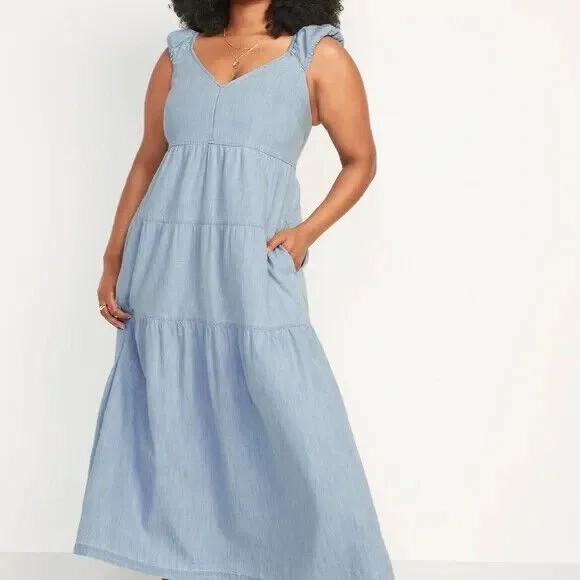 Многоуровневое платье макси с завязкой на спине Old Navy Blue из шамбре, размер 2X