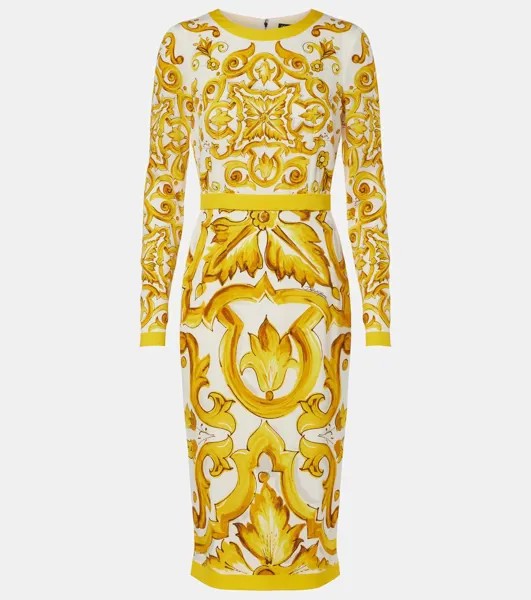 Платье миди из смеси шелка и майолики с шармезом Dolce&Gabbana, цвет mix maiolica giallo