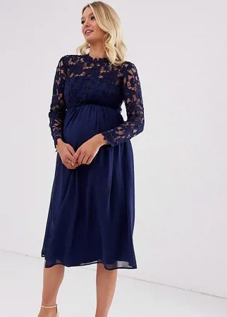 Кружевное темно-синее платье миди с шифоновой юбкой Chi Chi London Maternity-Темно-синий