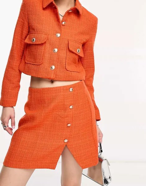 Оранжевая твидовая юбка с пуговицами и разрезом по бокам ONLY