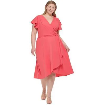DKNY Женское красное летнее платье миди с искусственным запахом плюс 18 Вт BHFO 8991