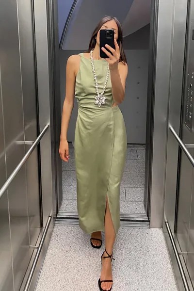 Платье миди из льна с вырезами ZARA, хаки