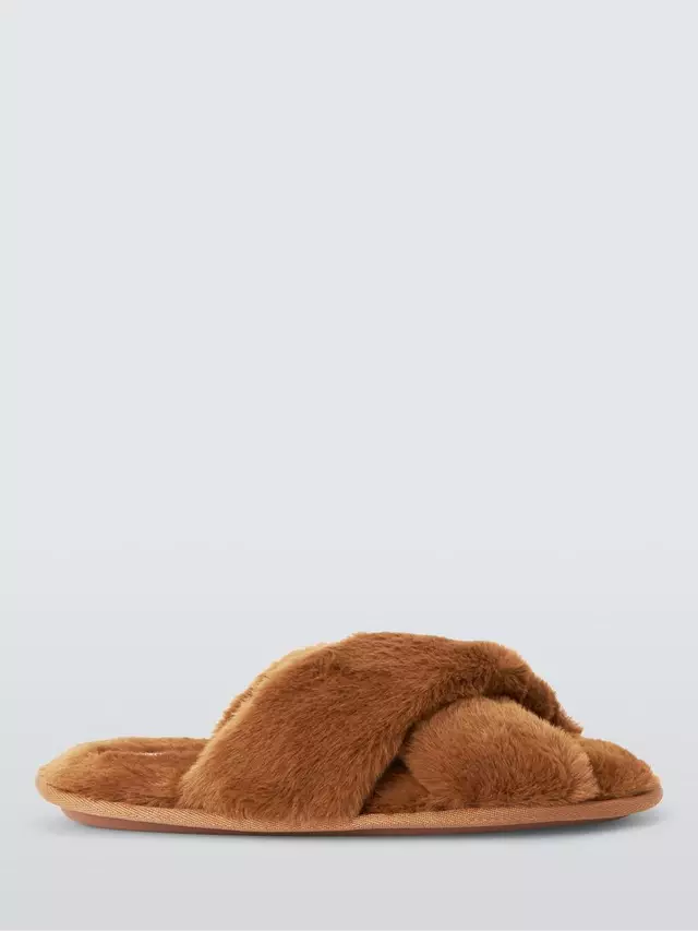 Тапочки John Lewis Recycled Faux Fur Cross Strap Slider, цвет toast