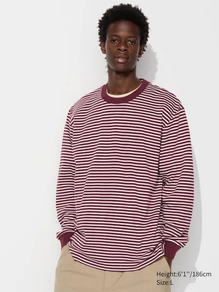 Хлопчатобумажная футболка airism в полоску, с длинным рукавом Uniqlo, бордовый