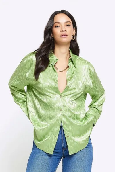 Атласная рубашка оверсайз с жаккардовым узором River Island, зеленый
