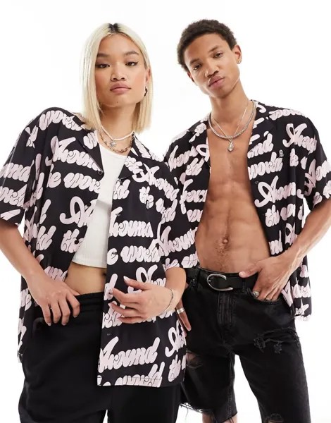 Dr Denim Unisex – Madi – Черная свободная рубашка со сплошным узорчатым воротником