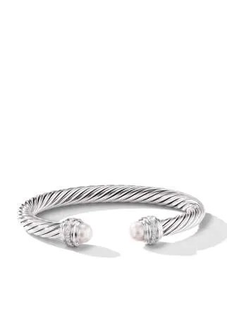 David Yurman серебряный браслет-кафф Cable с бриллиантами и жемчугом