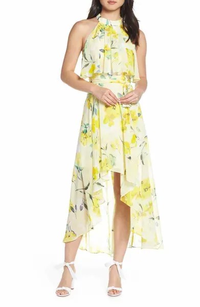 НОВОЕ шифоновое платье миди ELIZA J с высоким/низким цветочным принтом и оборками на шее, 18 ~ 1X NWT