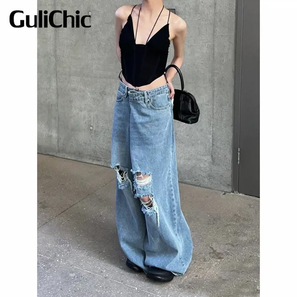 8,6 GuliChic Женские винтажные модные Лоскутные контрастные тонкие расклешенные джинсы с разрезом