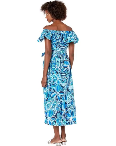 Платье Donna Morgan Cotton Ruffle Detail Off-the-Shoulder Maxi, цвет Beige/Blue