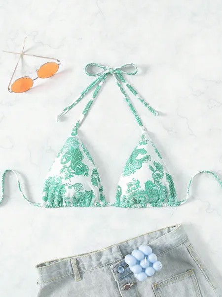 SHEIN Swim женский летний пляжный принт с принтом пейсли, однотонный бикини-топ с бретелькой на бретельках для праздников, многоцветный