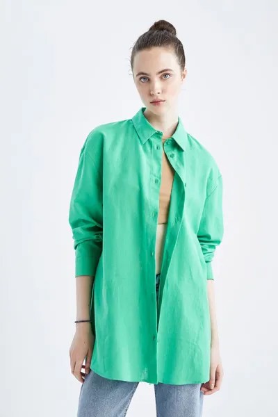 Рубашка оверсайз из смесового льна с длинными рукавами DeFacto, зеленый