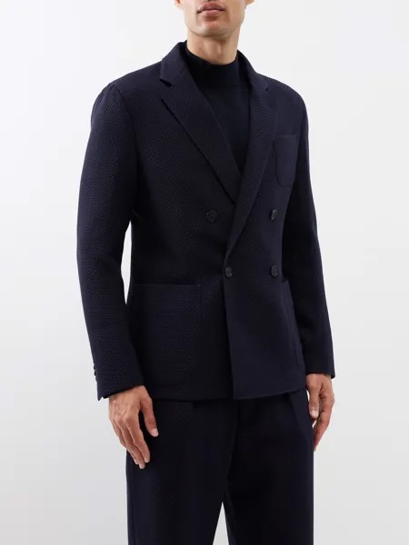 Двубортный пиджак из смесовой шерсти сотового цвета вафельного цвета Giorgio Armani, синий