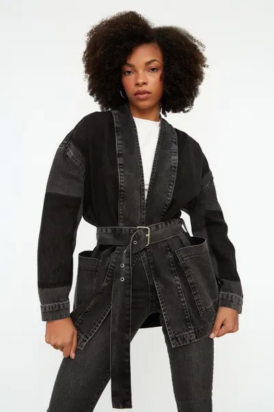 Джинсовая куртка оверсайз с поясом антрацитового цвета в стиле колор-блок Trendyol, серый