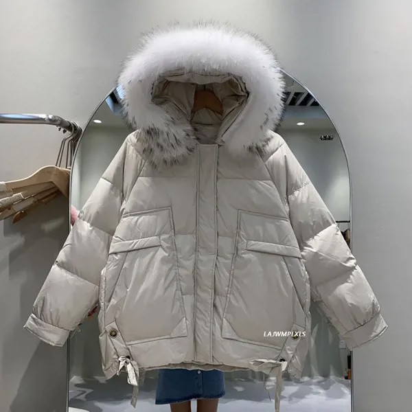 Женский пуховик, зимний большой натуральный мех енота с капюшоном, 90% белый утиный пух, пальто, толстые женские парки, женская верхняя одежда