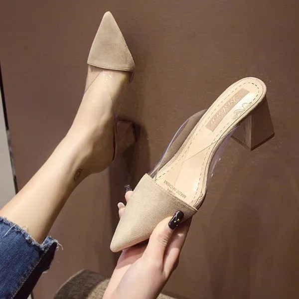 Элегантные женщины Мулы Заостренный носок Толстые высокие каблуки Обувь для женщин Мода Скольжение на женской обуви