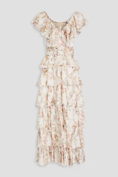 Многоярусное платье макси из хлопка, модала и люрекса с цветочным принтом Bytimo, цвет Off-white