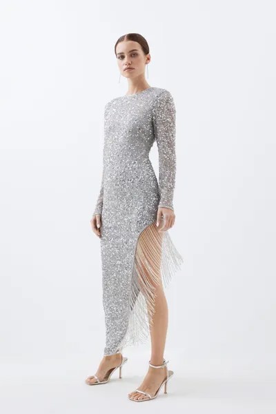 Тканое платье миди Petite до бедра с высоким разрезом и бахромой Karen Millen, серебро