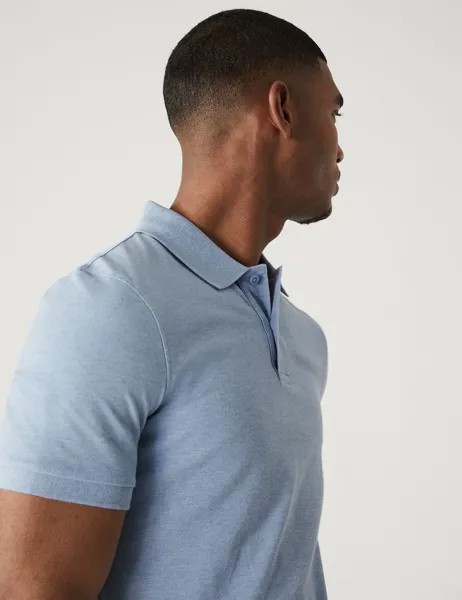 Рубашка поло узкого кроя из чистого хлопка пике Marks & Spencer, бледно-голубой