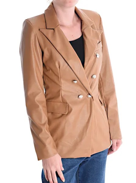 Двубортный пиджак из искусственной кожи на подкладке, светло-коричневый