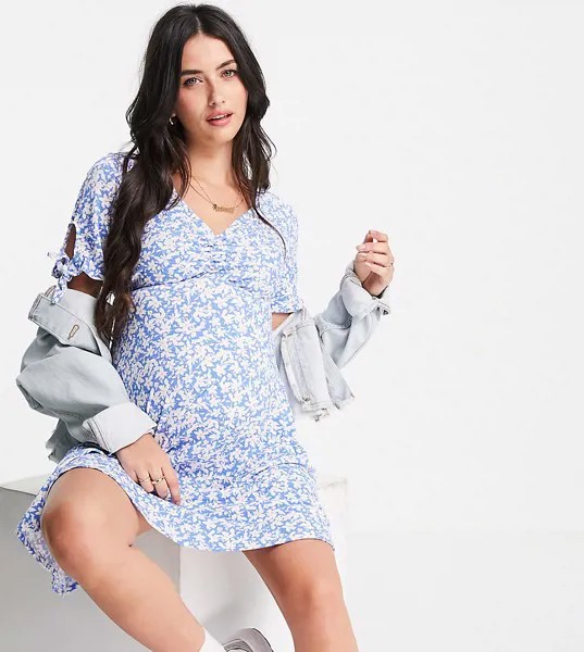 Голубое трикотажное платье с цветочным принтом New Look Maternity-Голубой