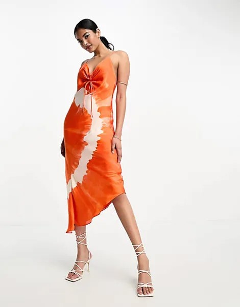 Оранжевое атласное платье миди с принтом тай-дай AllSaints Alexia Mariana