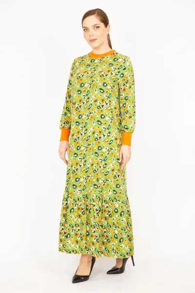 Женское зеленое длинное платье большого размера из вискозной ткани с воротником и манжетами в рубчик Şans, зеленый