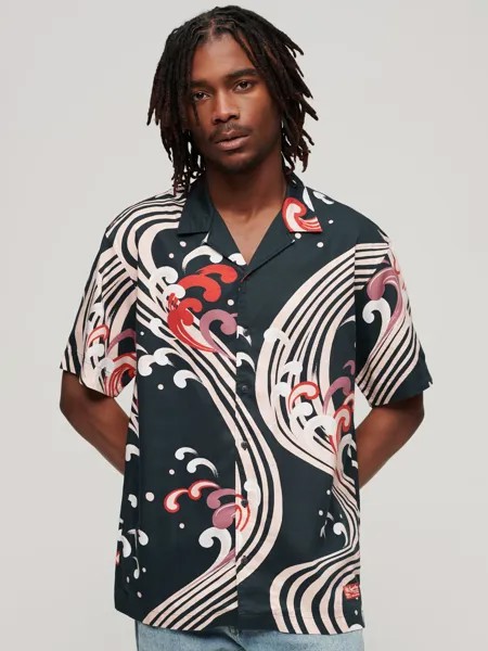 Гавайская курортная рубашка Superdry, рюсуи с черным принтом