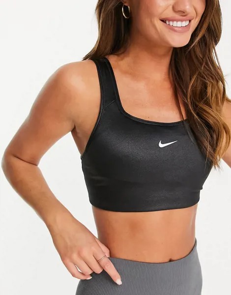 Черный блестящий бюстгальтер с логотипом-галочкой Nike Training Dri-Fit-Черный цвет