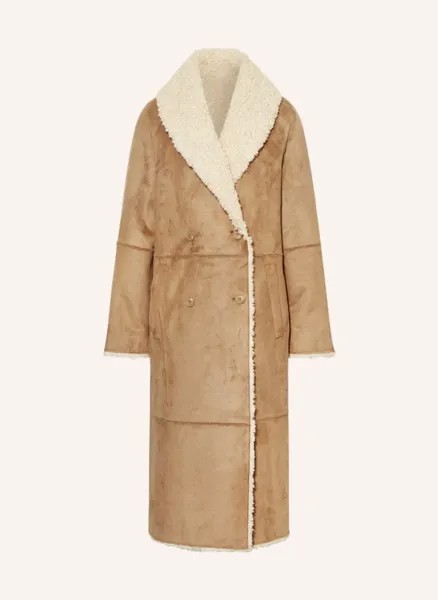 Кожаное пальто с плюшевым мехом Oui, коричневый