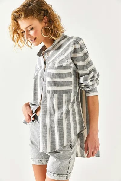 Женская льняная рубашка в асимметричную полоску антрацитового цвета с карманами Olalook, серый